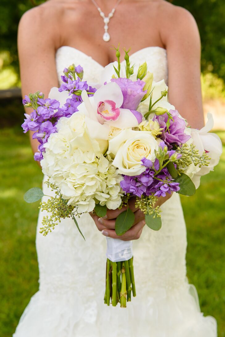Purple and White Bridal Bouquet with Hydrangeas, Roses and Orchids