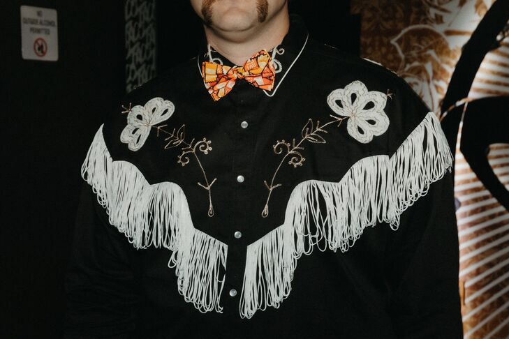 Groom in Western Fringe Jacket and Orange Bow Tie
