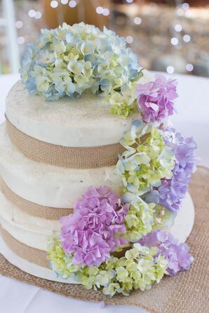 Burlap Wrapped Wedding Cake With Hydrangeas