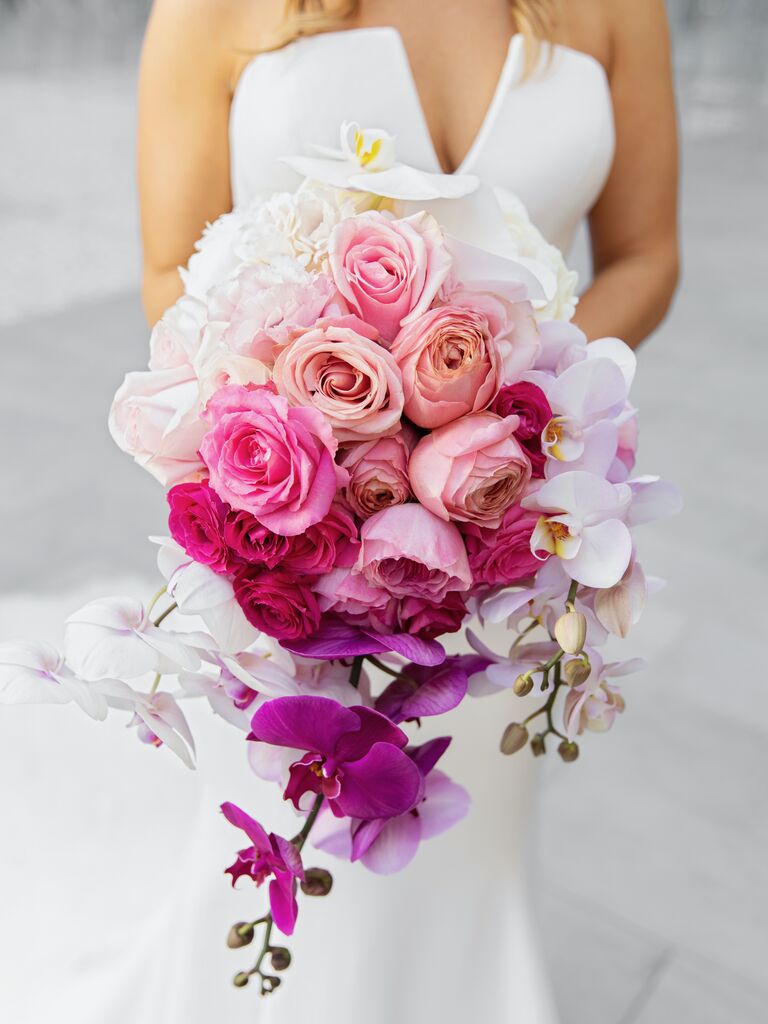 ombré wedding bouquet with white peonies, pink roses and purple phalaenopsis orchids