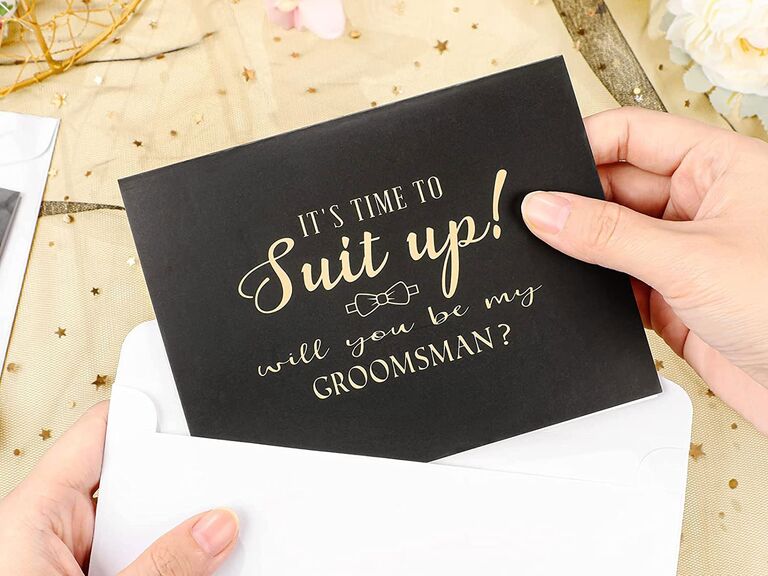 Time to suit up groomsman card