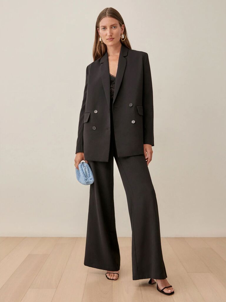 Reformation black women's pantsuit for black-tie weddings
