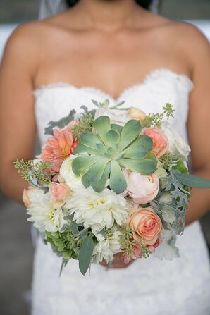 Green Succulent and White Dahlia Bouquet