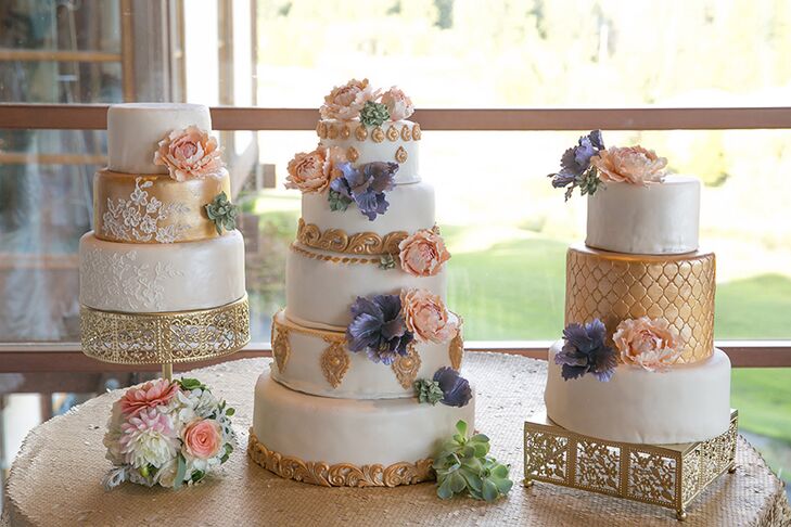 Karon baked the three white and gold wedding cakes for dessert herself! They were decorated with fresh succulents and sugar flowers.