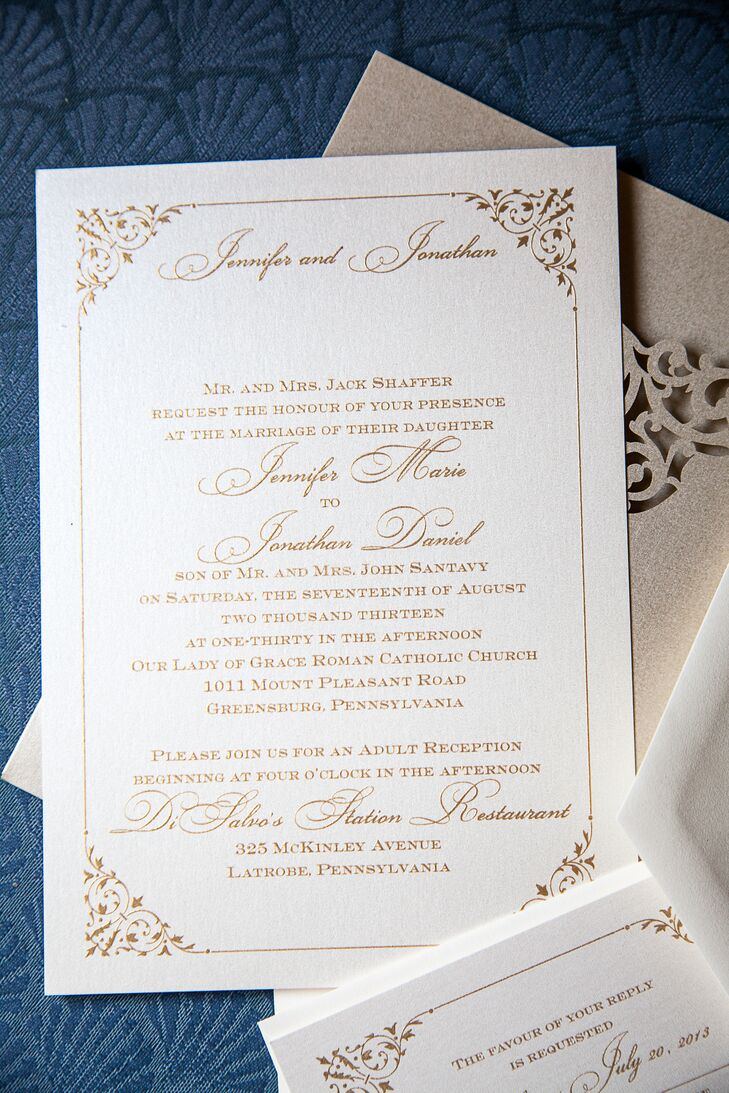 The classic gold invitations were provided by RSVP Greensburg, a local invitation designer near Pittsburgh, Pennsylvania.