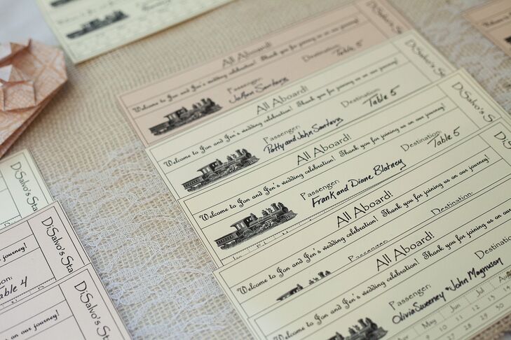 Escort cards at the train station reception were made to resemble train tickets.