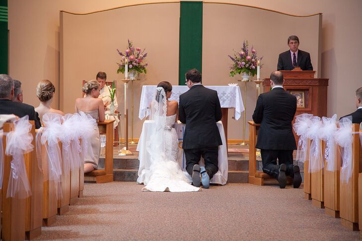 The traditional, Catholic ceremony was held at Our Lady of Grace Church in Greensburg, Pennsylvania. The aisles of the church were decorated with sheer white bows. Jennifer wore a manilla veil to the ceremony.