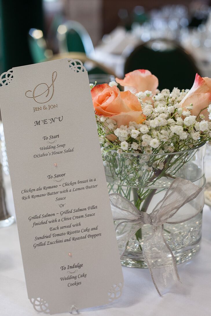 Menu and Centerpieces with Roses and Baby's Breath