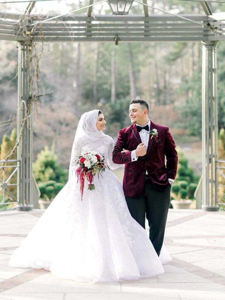 bride and groom walking together