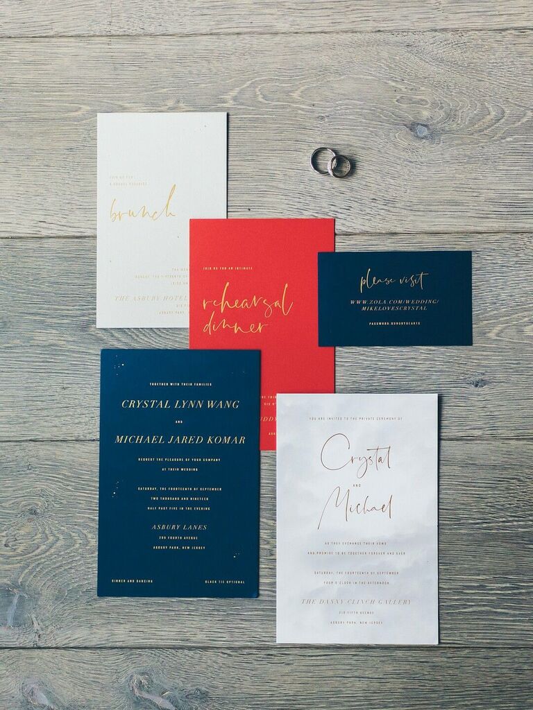 modern red, white and blue wedding invitation