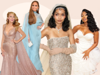Collage of celebrities on the red carpet at the Met Gala. 