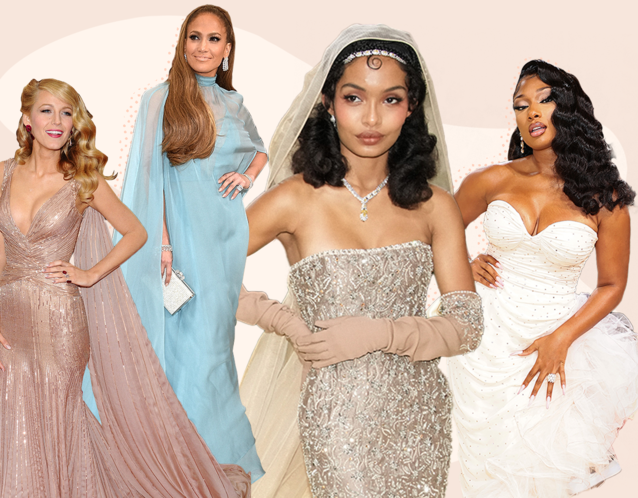 Collage of celebrities on the red carpet at the Met Gala. 