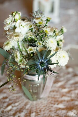 White Mums, Blue Thistle Wedding Reception Centerpieces