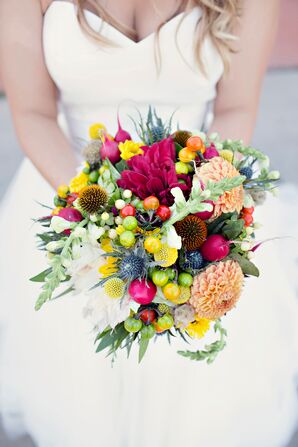 Vibrant Dahlia, Craspedia and Radish Bouquet
