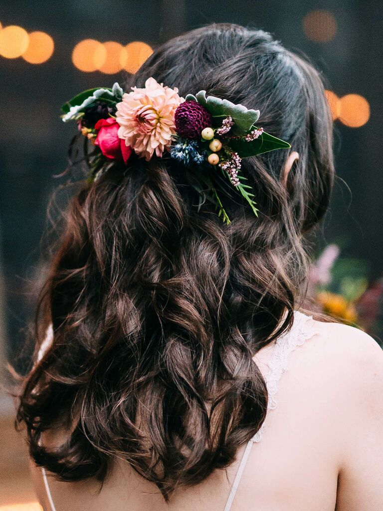 wedding hair flowers half up with dark moody florals