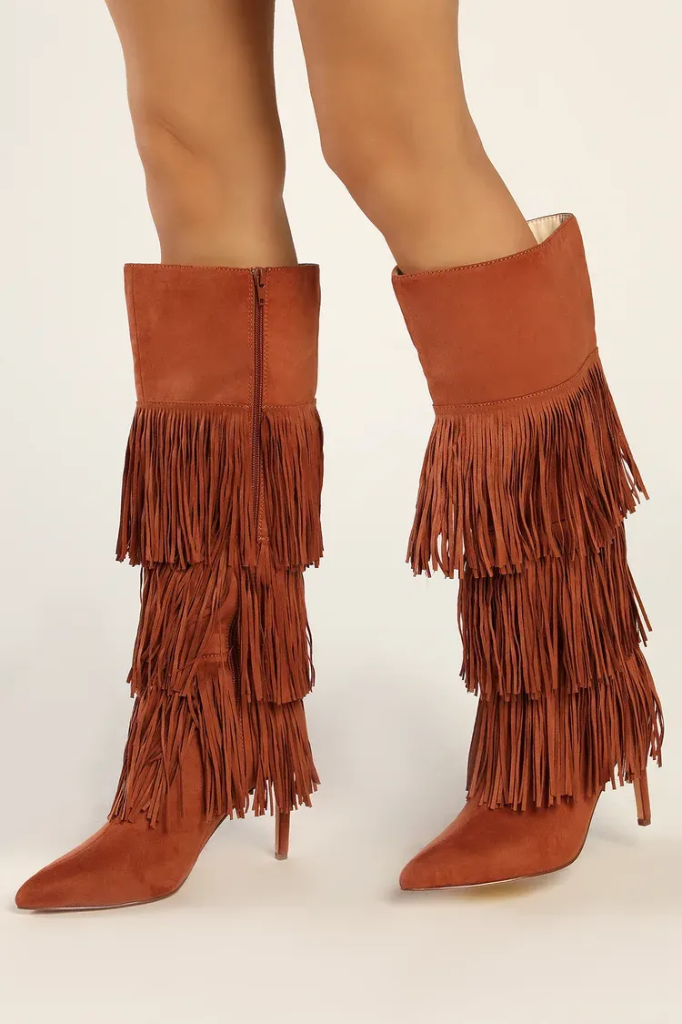 brown fringe heeled cowboy boots