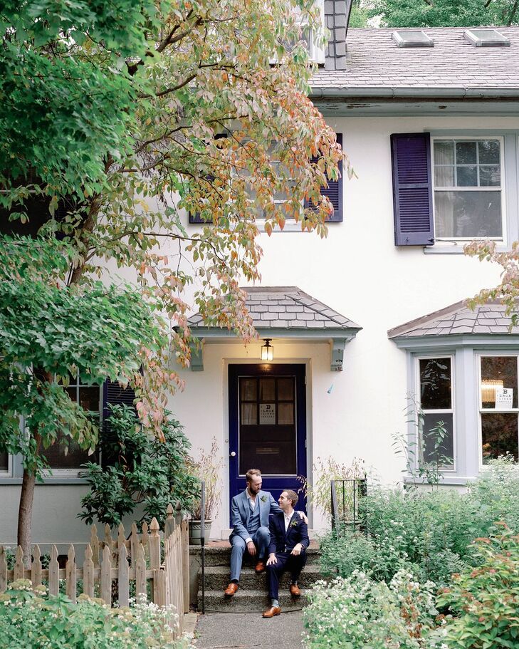 Grooms Posing in Front of Private Residence Wedding Venue