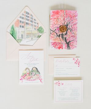 Whimsical Custom Watercolor Invitation Suite With Pink and Hand-Drawn Details