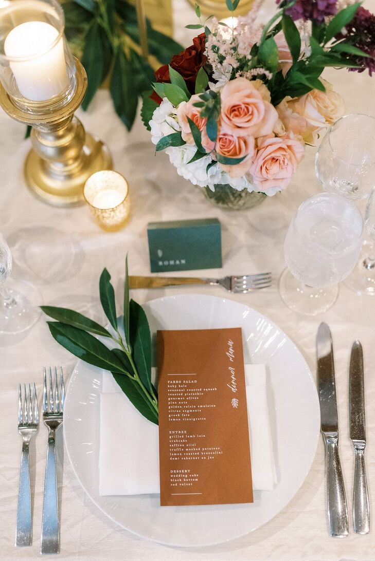 Place Setting With Greenery and Brown Menu