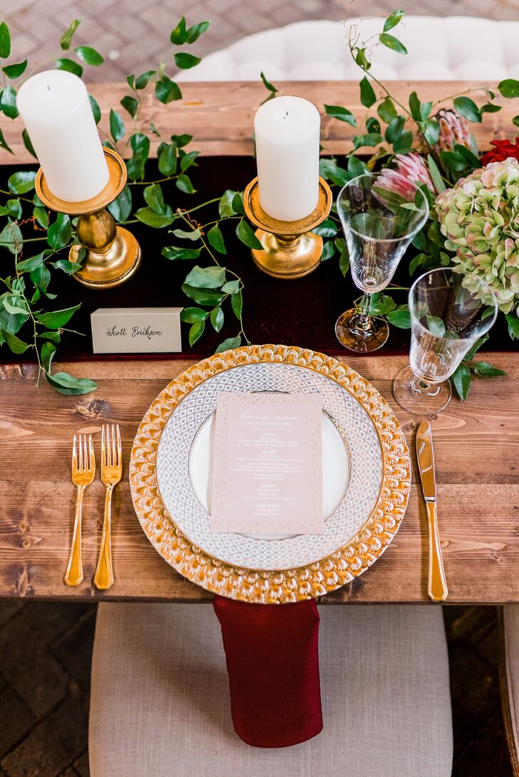 Gold Charger and Flatware on Rustic Farm Table