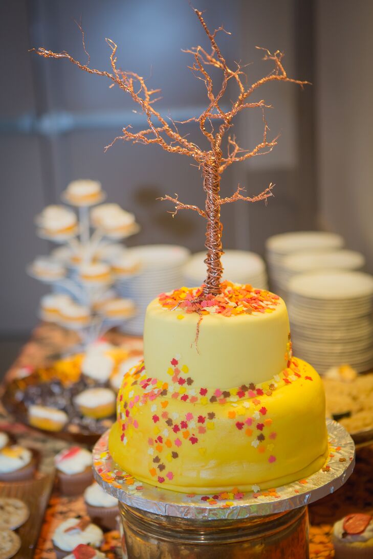Erin-Joy's grandmother made a traditional fruit cake for the couple, which Erin-Joy decorated. Her sister made the distinctive tree cake topper.