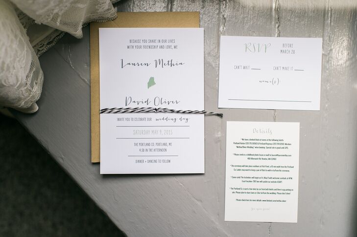 To set the tone for their seaside celebration in Portland, Maine, Lauren and Dave had Marie Chang Designs create a custom invitation sweet with a modern, whimsical aesthetic. Calligraphy inspired fonts, a muted color palette and a subtle Maine motif spoke to the wedding’s laid-back, natural and industrial vibe.