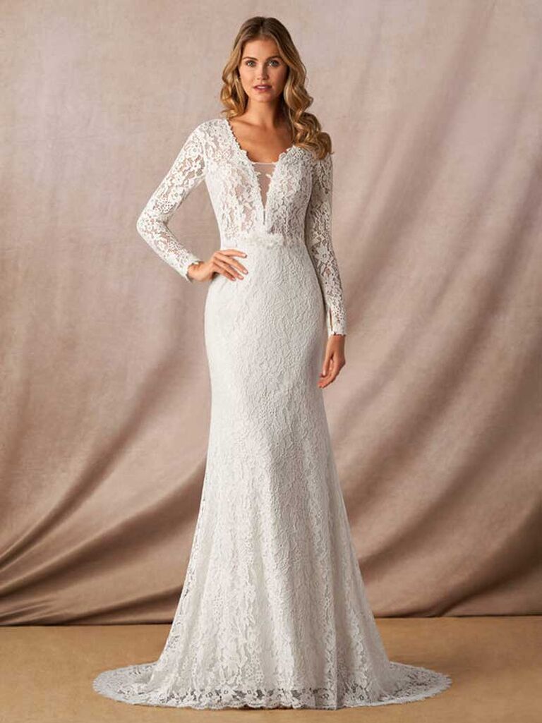 Lace long sleeve wedding dress with plunging neckline