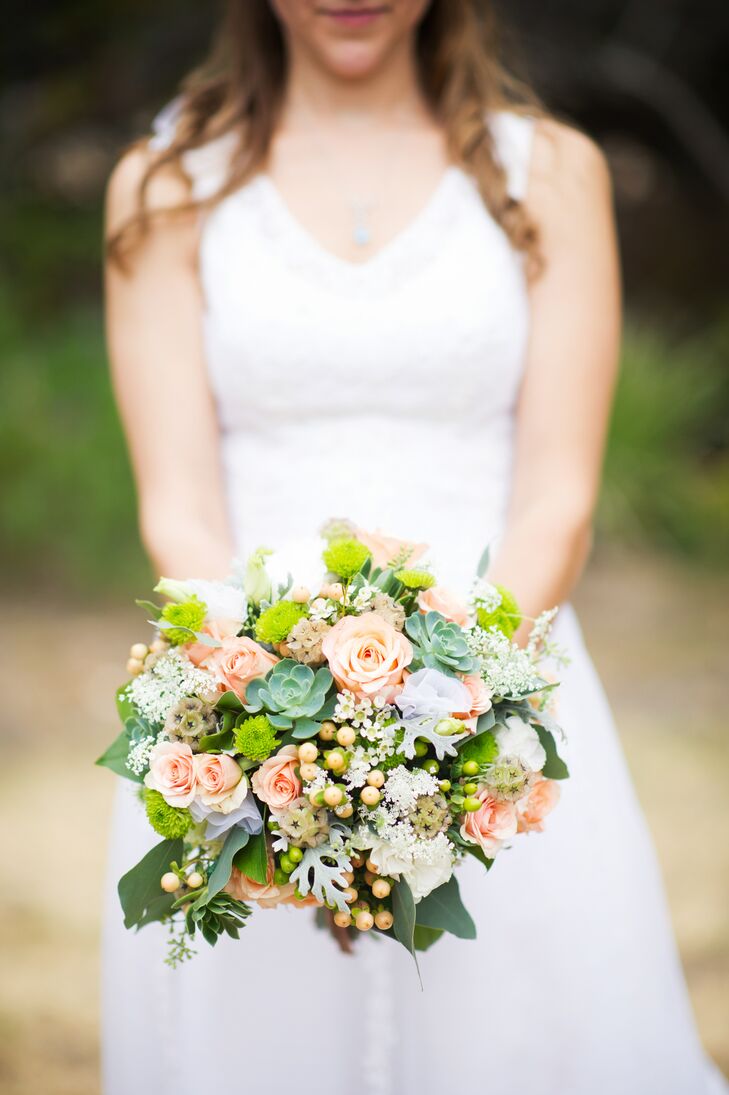 Danielle's cousin and florist, Roxana Napoli, helped create the floral designs. "She brought together succulents, pieces of lace from my dress—which had been my mother's—and complementing flowers to create the most beautiful bouquets I've ever laid my eyes on," Danielle says.