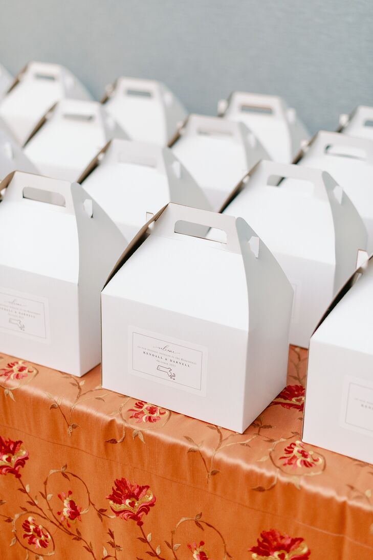 Cardboard Welcome Boxes at a Rehearsal Welcome Dinner at an Inn in the Berkshires