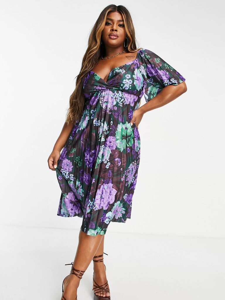ASOS Design purple floral printed wedding guest dress for spring