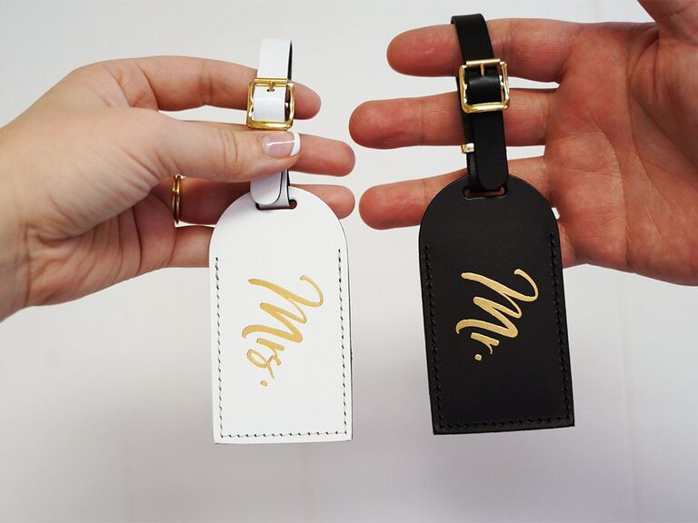 Black and white leather tags with gold 'Mr.' and 'Mrs.'