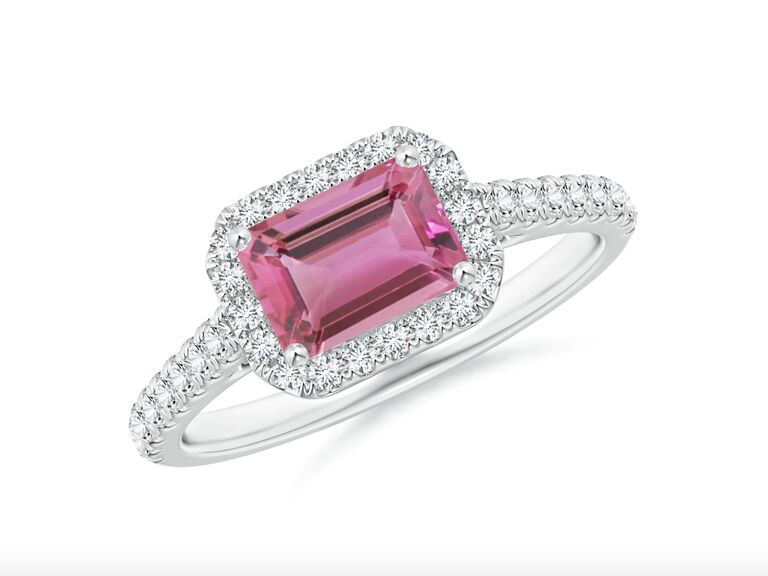 Angara East West emerald-cut pink tourmaline halo ring