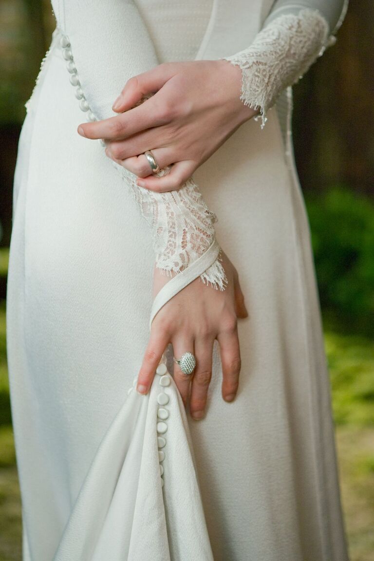 Close detail shot of Bella Swan's Carolina Herrera wedding dress in Twilight