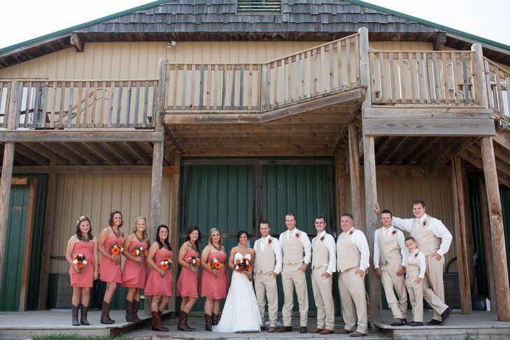 The wedding party was casual-chic with light tan vests and pants for the groomsmen and brown cowboy boots for the bridesmaids.