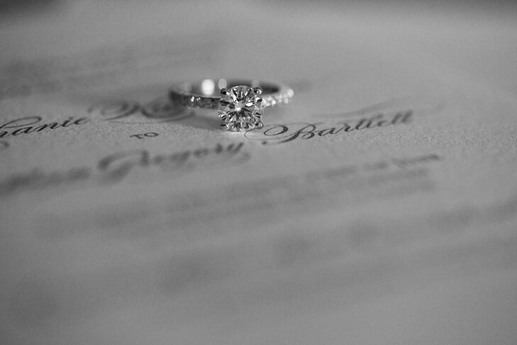 Stephanie's wedding ring is a gorgeous round stone with a pave diamond band from Henne Jewelers in Pittsburgh.