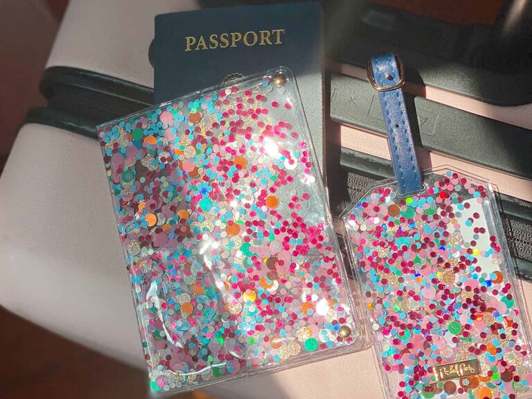 Confetti passport holder and luggage tag bridesmaid gift ideas