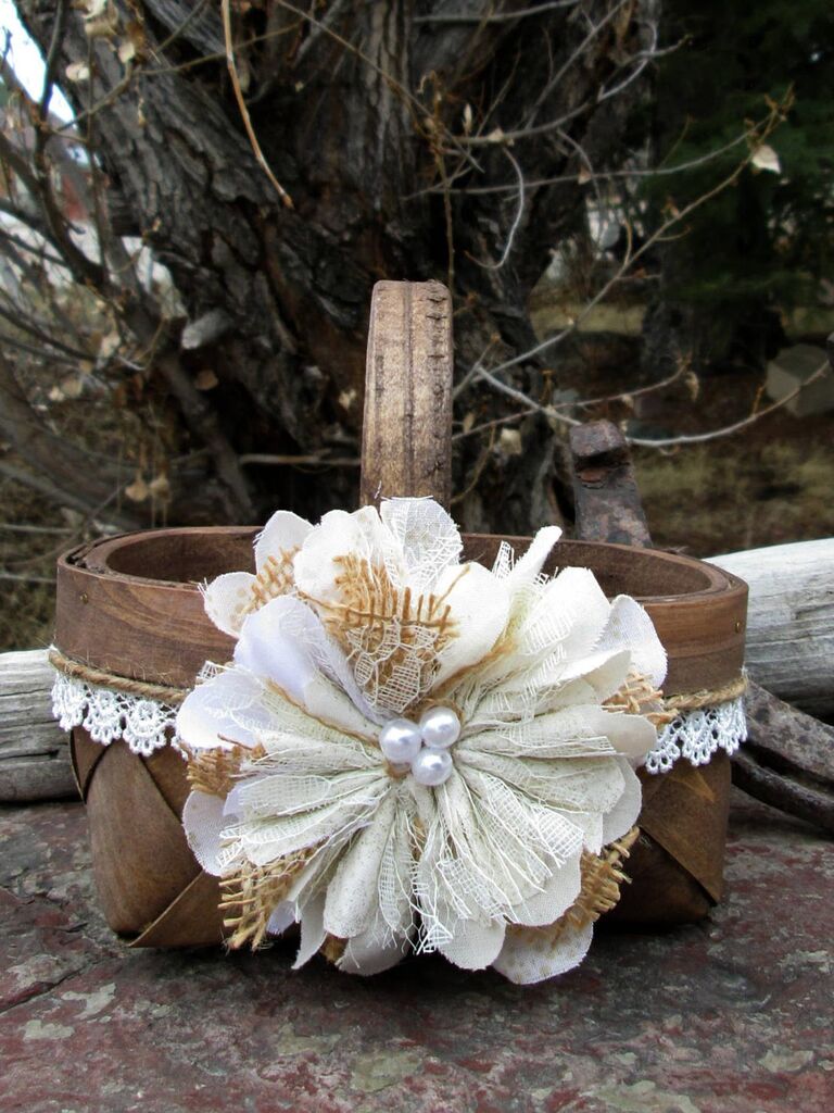 wooden heart center burlap basket