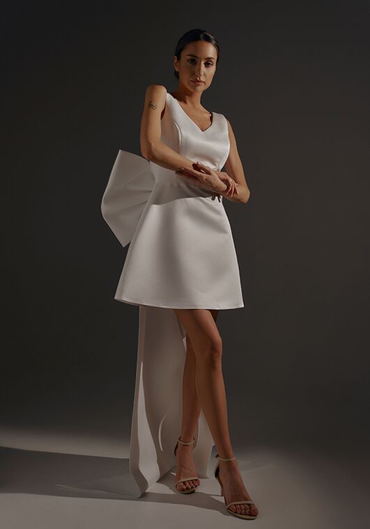 Olivia Bottega Short Satin Wedding Dress Tofa with Huge Bow A-Line Wedding Dress - 2