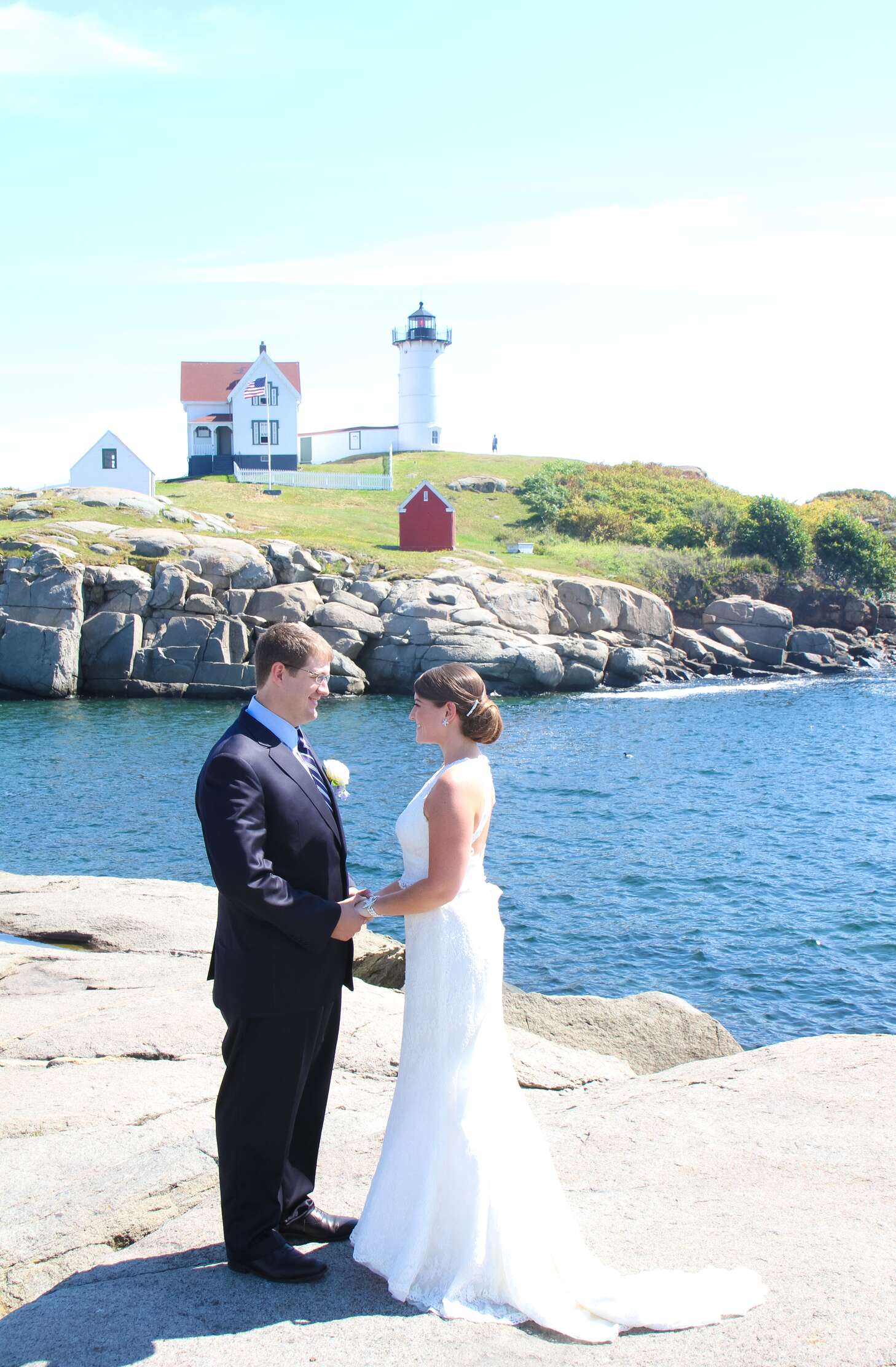 Bride and Groom by Nubble Lighthouse in York, Maine