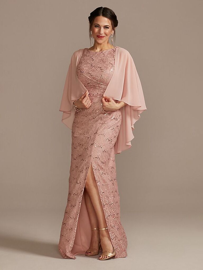 david's bridal light pink pastel dress for wedding guests with lace ruching halter neckline and shawl