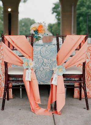 Sweetheart Table with Coral Ribbon and Blue Detailed Linens