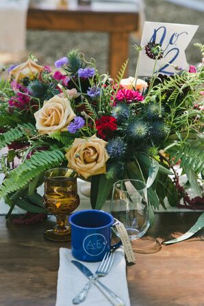 Floral Centerpiece with Roses, Ferns and Wildflowers