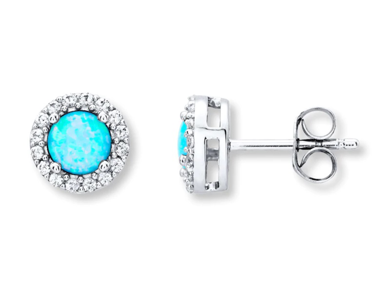 Round blue opal studs with halo