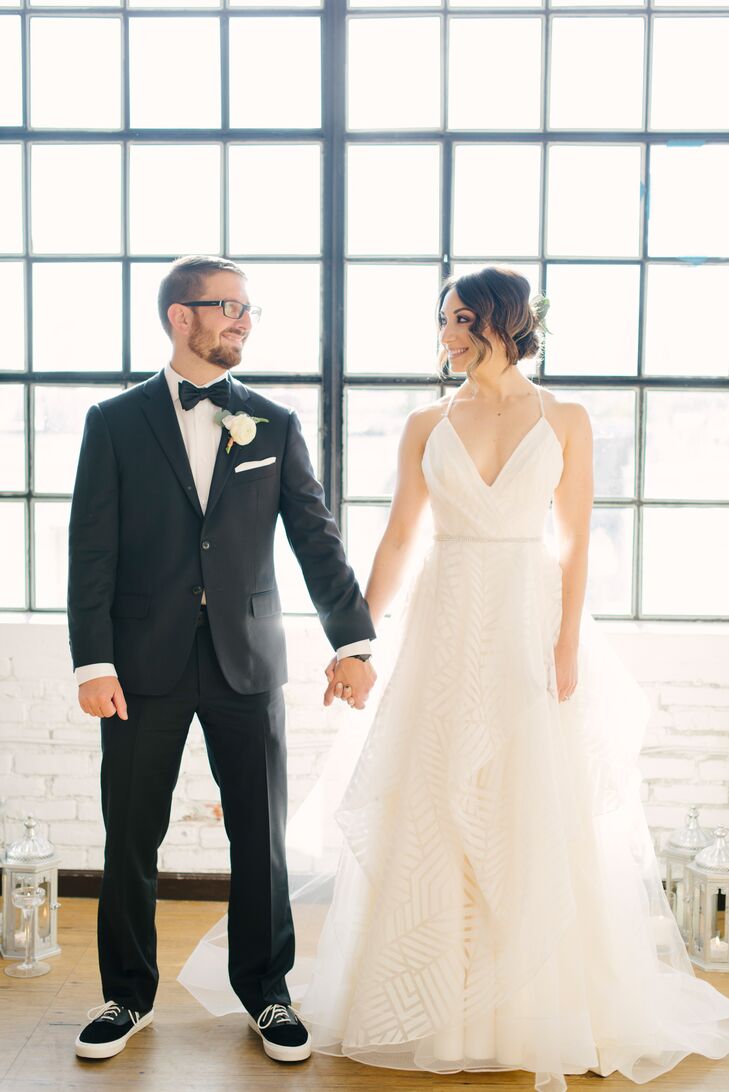 Annamarie (Anna) Saracino (29 and a dietetics student) and Jim Fox (34 and a surveyor and guitar salesman) mixed metallic brass accents and rustic woo