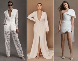 Collage of three models wearing various outfits for a courthouse wedding. 