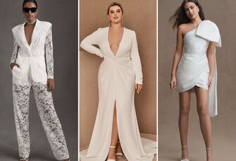 Collage of three models wearing various outfits for a courthouse wedding. 