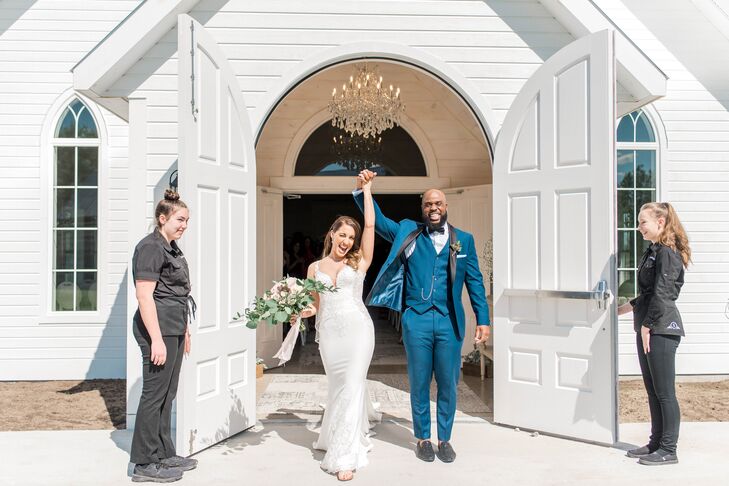 Romantic Couple with Formfitting Dress and Blue Tuxedo