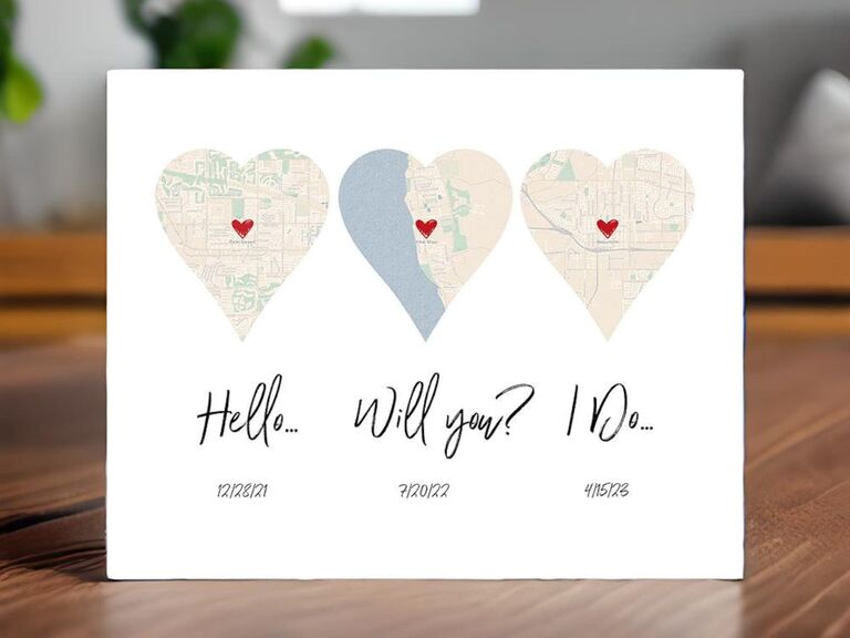 Milestone map art wedding gift for bride