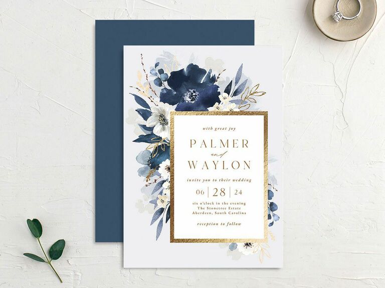 Gold foil and navy floral wedding invitation