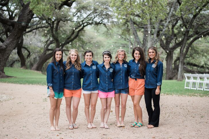 For a rustic wedding in Texas, what better bridesmaid gift than a denim monogrammed shirt to wear while getting ready? These cute denim button-down shirts fit the wedding theme but were still totally chic and feminine.